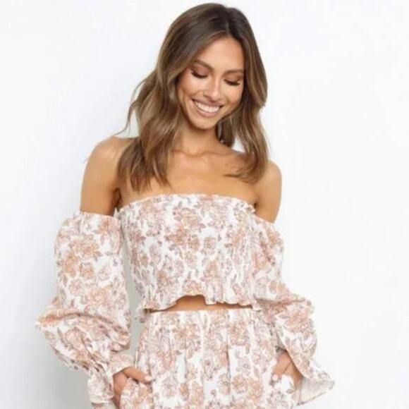 Petal + Pup Gabriella Cream Floral Linen Blend Smocked Off The Shoulder Top - Picture 1 of 8